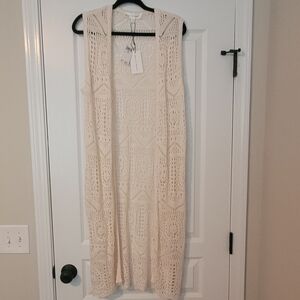 Chelsea & Theodore Cream Crochet Long Open Front Cardigan Vest